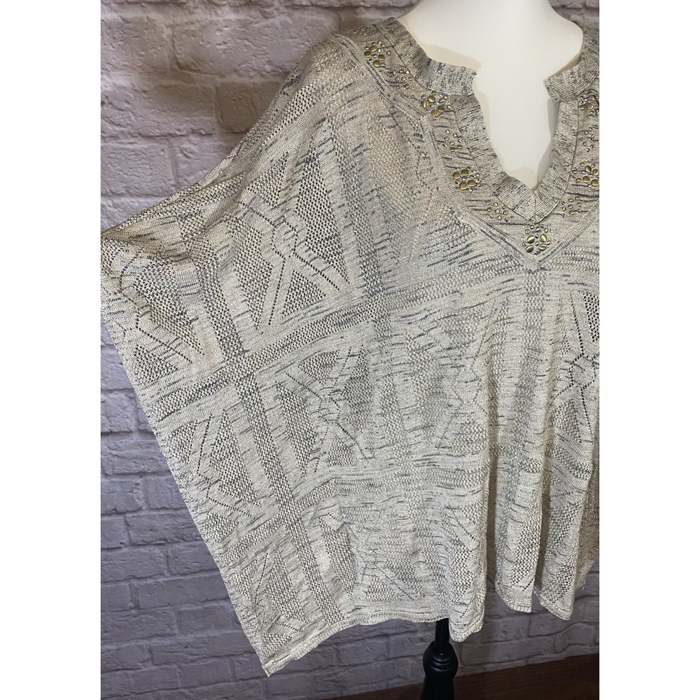 White‎ House Black Market L Dolman Tunic Sweater Poncho Metallic Beaded Top